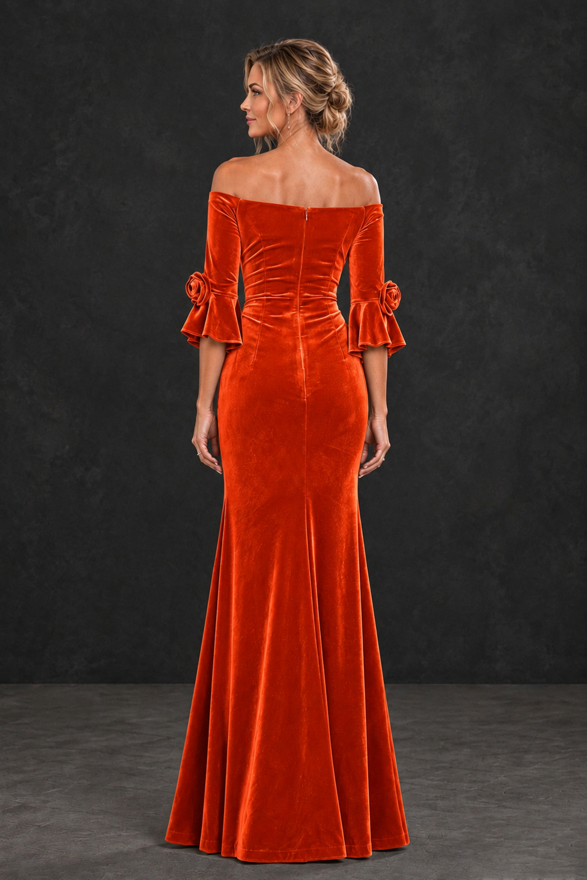 BOLODOO Orange Velvet Off-Shoulder Mother of the Bride Dress – 3/4 Floral Cuff Sleeve Mermaid Evening Gown - Orange - Orange_2