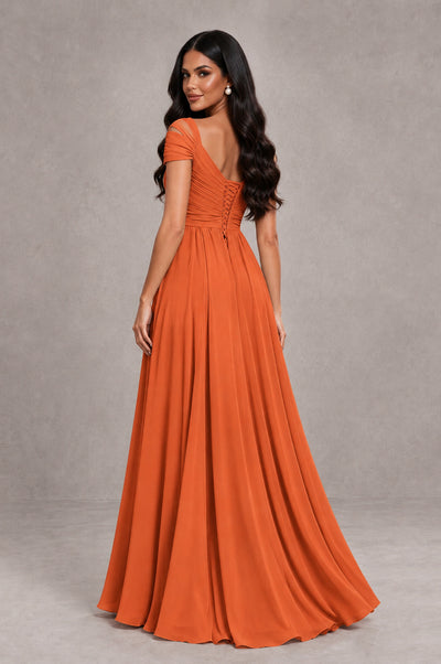 BOLODOO Orange Cold Shoulder Chiffon Evening Dress with V Neck and High Slit - Orange - Orange_2