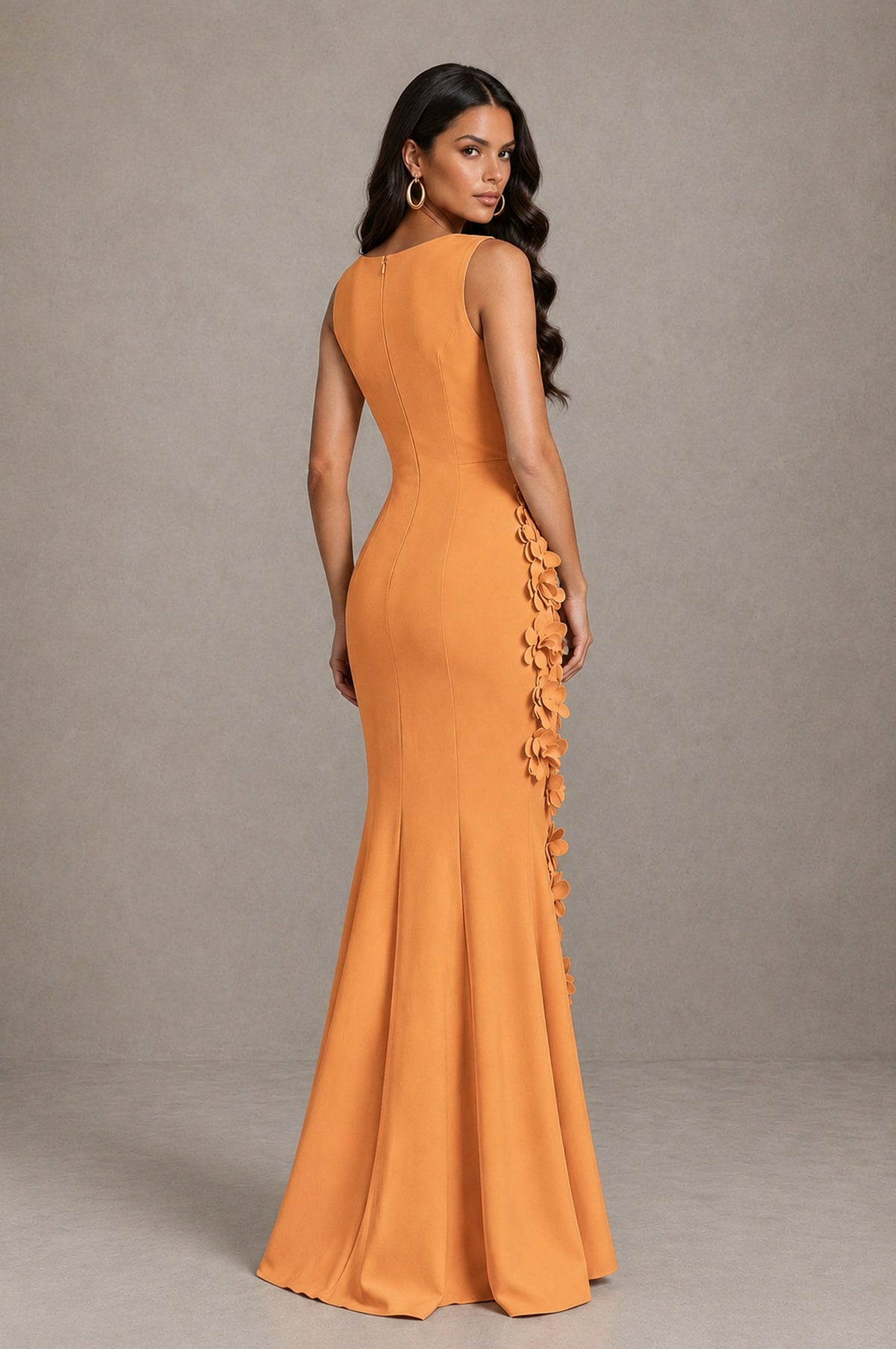 BOLODOO Orange Bateau Neck Sleeveless Asymmetric Peplum 3D Petal Appliqué Mermaid Gown BD0421 - Orange - Orange_2