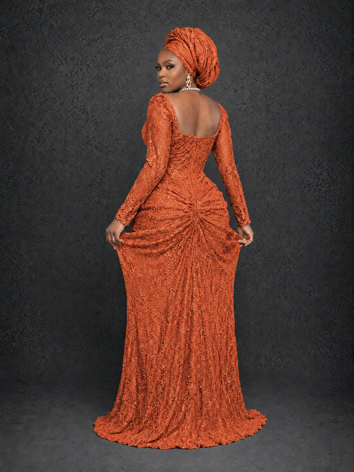 BOLODOO Orange Beaded Lace Long Sleeve Mermaid Gown Sweetheart | Mother of the Bride - Orange - Orange_2
