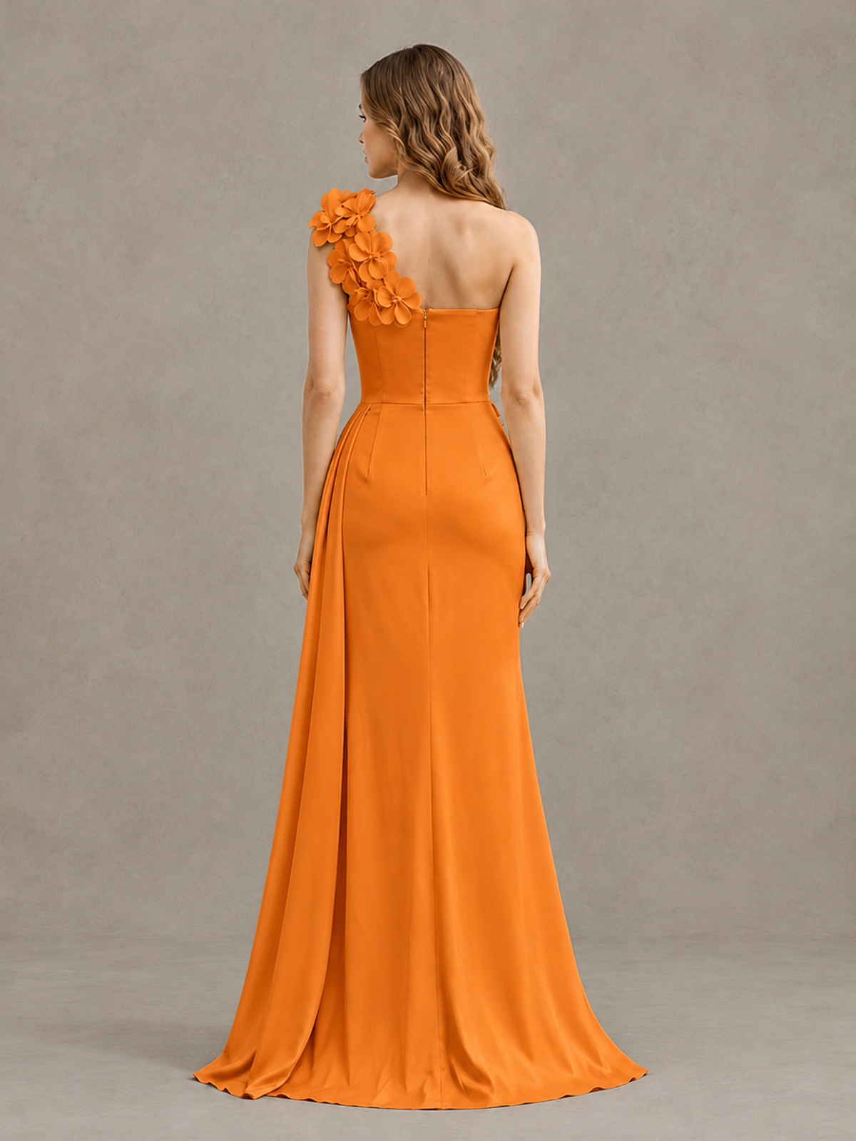 BOLODOO Orange One-Shoulder Satin Mermaid Evening Gown with 3D Floral Appliqué - Orange - Orange_2