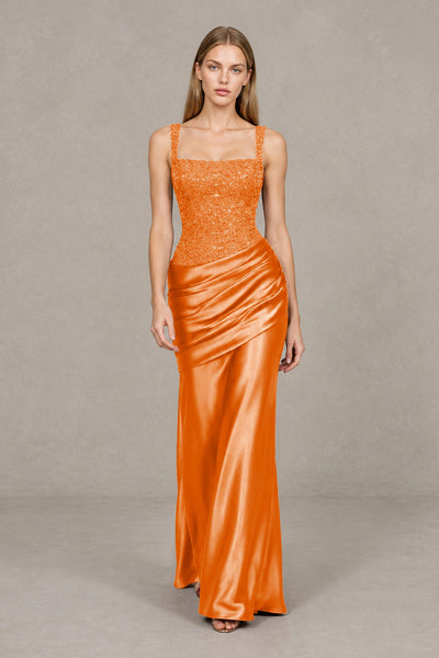 BOLODOO Orange Square Neck Embellished Satin Evening Gown - Orange