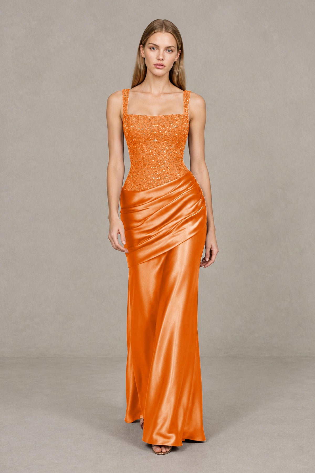 BOLODOO Orange Square Neck Embellished Satin Evening Gown - Orange