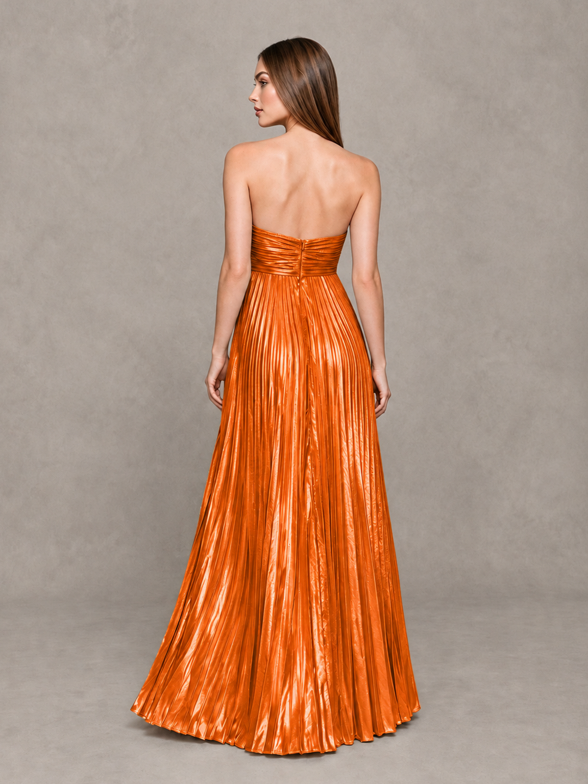 BOLODOO Orange Strapless Sweetheart Metallic Pleated Maxi Dress - Orange - Orange_2