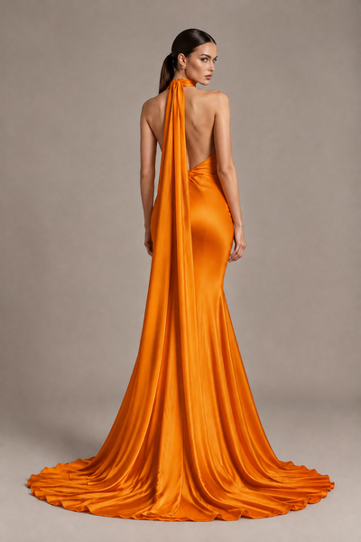 BOLODOO Orange One-Shoulder Satin Mermaid Evening Dress with Scarf - Orange - Orange_2