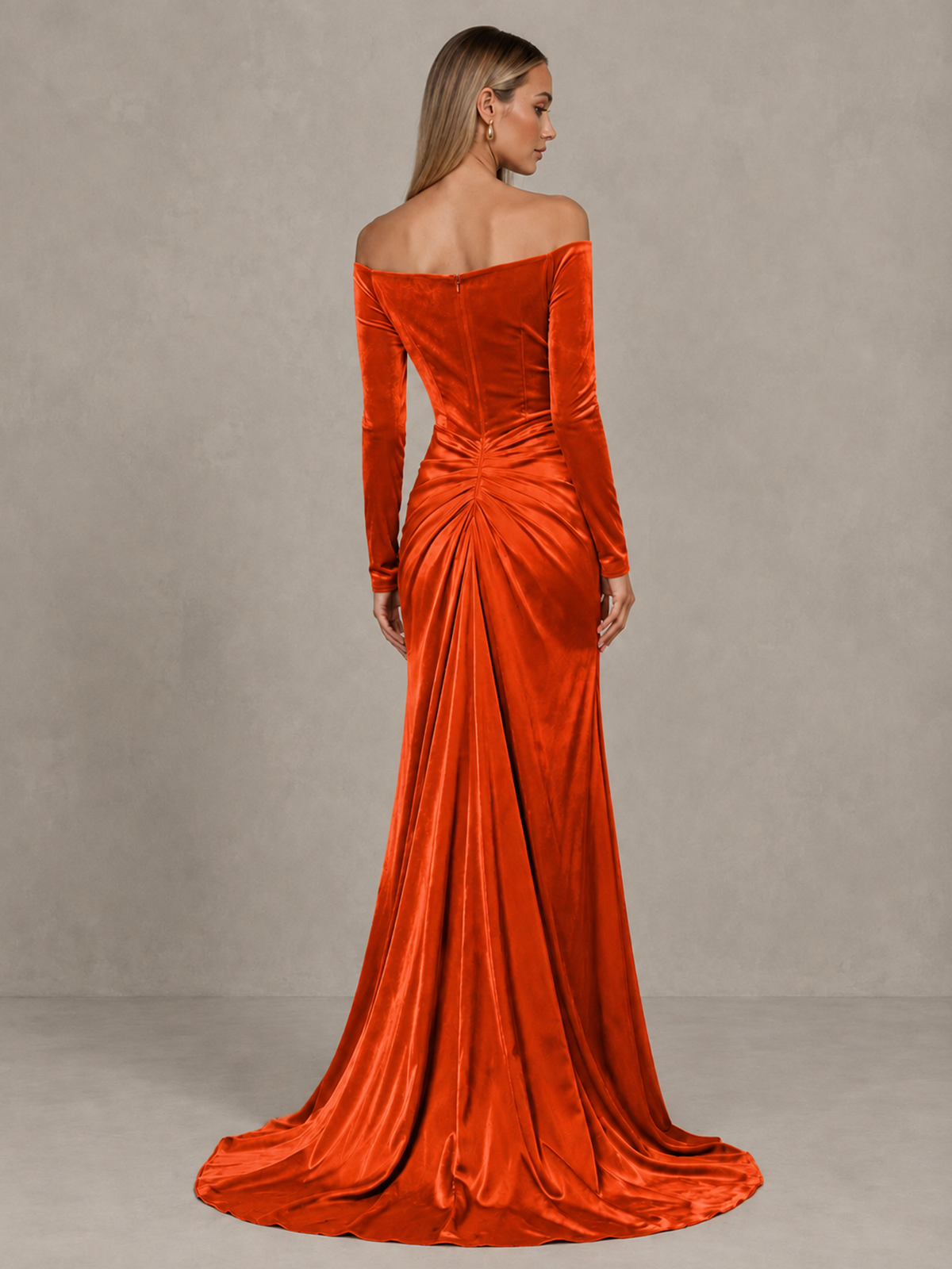 BOLODOO Orange Off-Shoulder Velvet Evening Gown with High Slit - Orange - Orange_2