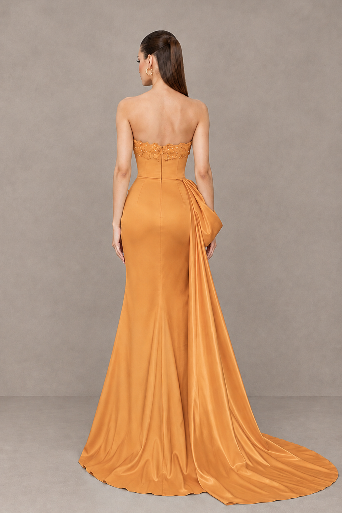 BOLODOO Orange Strapless Satin Prom Dress with Draped Side Train - Orange - Orange_2
