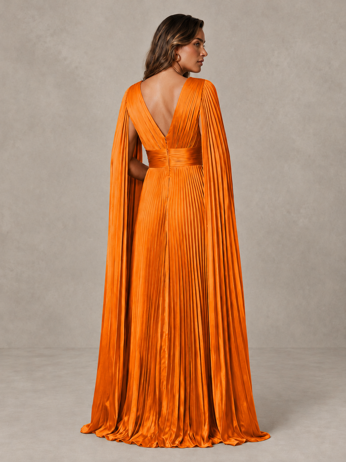 BOLODOO Orange Deep V-Neck Pleated Cape Sleeve Evening Gown - Orange - Orange_2