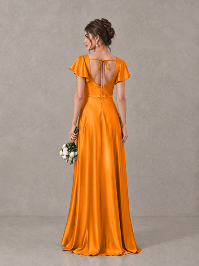 BOLODOO Orange Satin Square Neck Flutter Sleeve A-Line Bridesmaid Dress with Slit - Orange - Orange_2