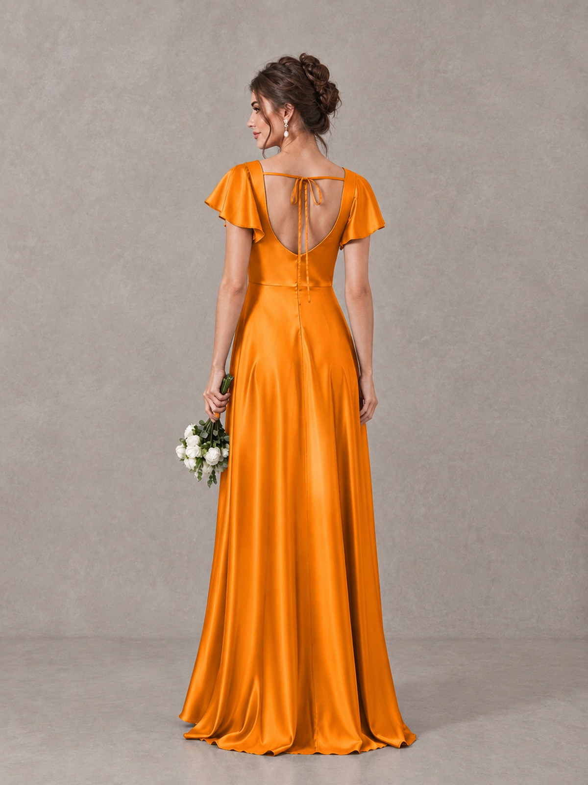 BOLODOO Orange Satin Square Neck Flutter Sleeve A-Line Bridesmaid Dress with Slit - Orange - Orange_2