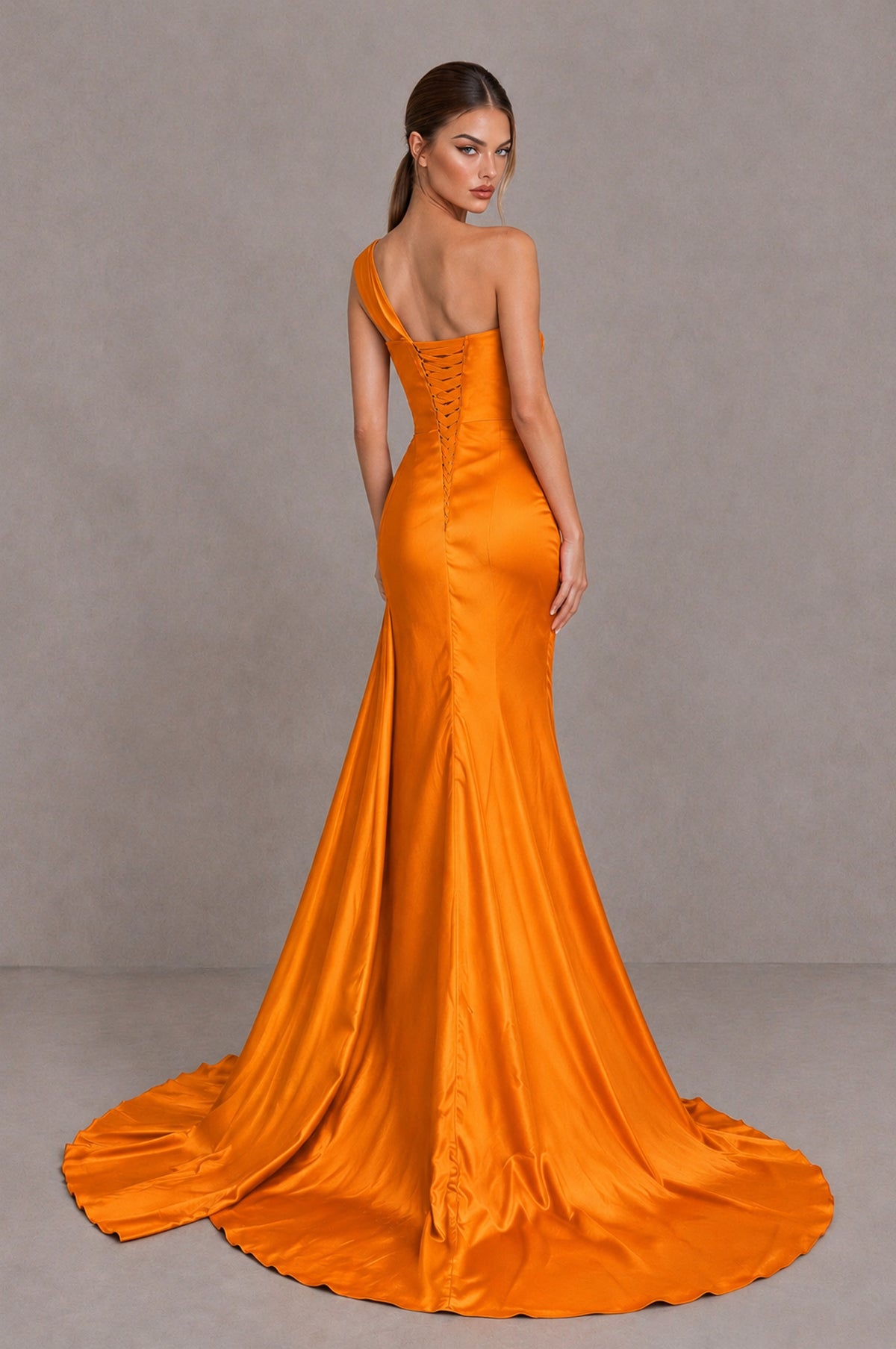 BOLODOO Orange One Shoulder Satin Mermaid Evening Dress with Ruched Slit Skirt - Orange - Orange_2