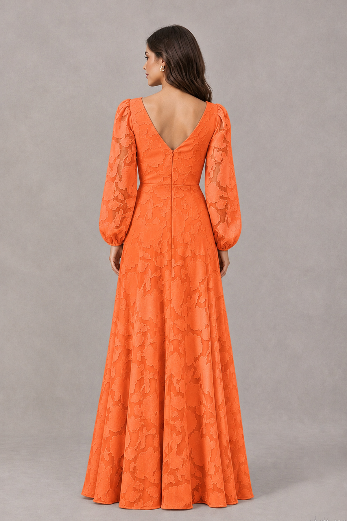 BOLODOO Orange Long Sleeve V-Neck A-Line Mother of the Bride Dress - Orange - Orange_2