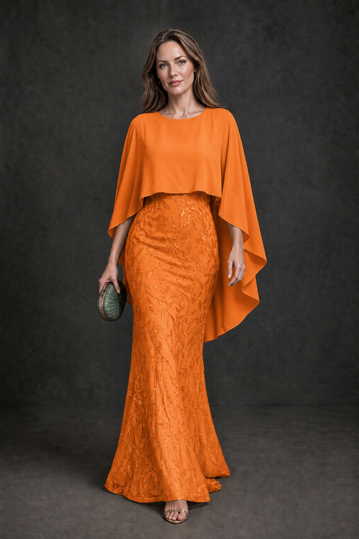BOLODOO Orange Round Neck Chiffon Cape Overlay Sequin Lace Mermaid Maxi Dress - Orange - Orange_2