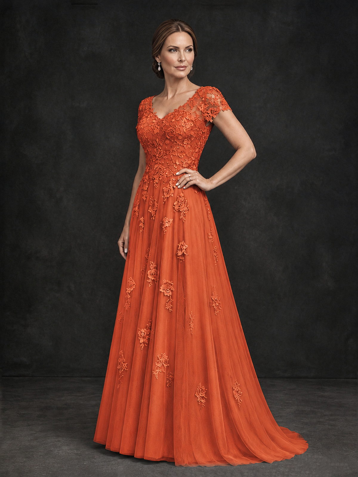 BOLODOO Orange Cap Sleeve Lace Appliqué A-Line Formal Gown | Mother of the Bride Dress - Orange - Orange_3
