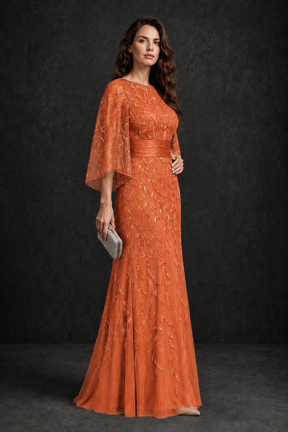 BOLODOO Orange Bateau Neck Bell Sleeve Sequin Embroidered Satin Waist A-Line Maxi Dress - Orange - Orange_3