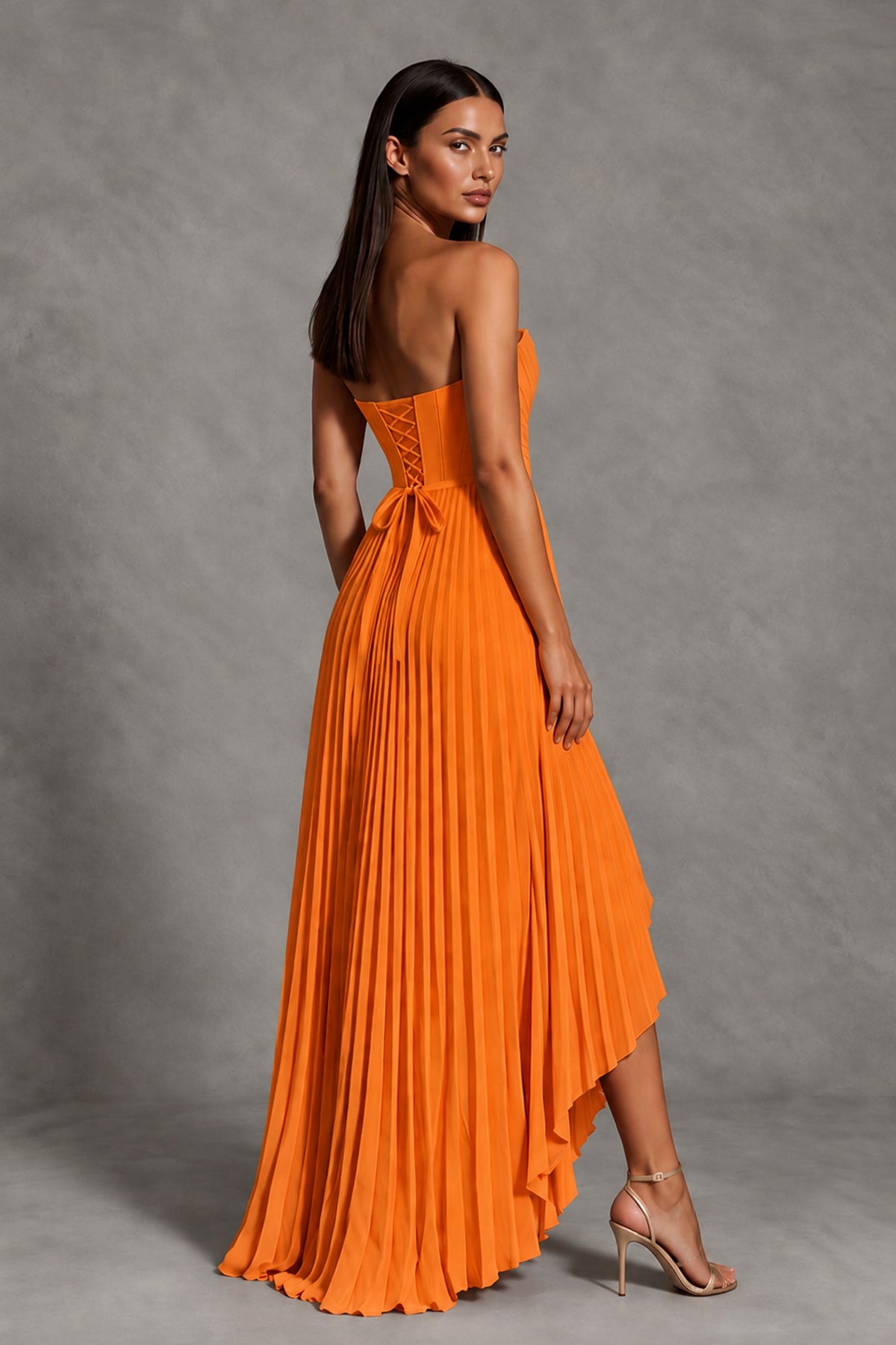 Orange Strapless Pleated High-Low Evening Gown with Ruffle Hem - Orange