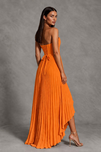 Orange Strapless Pleated High-Low Evening Gown with Ruffle Hem - Orange