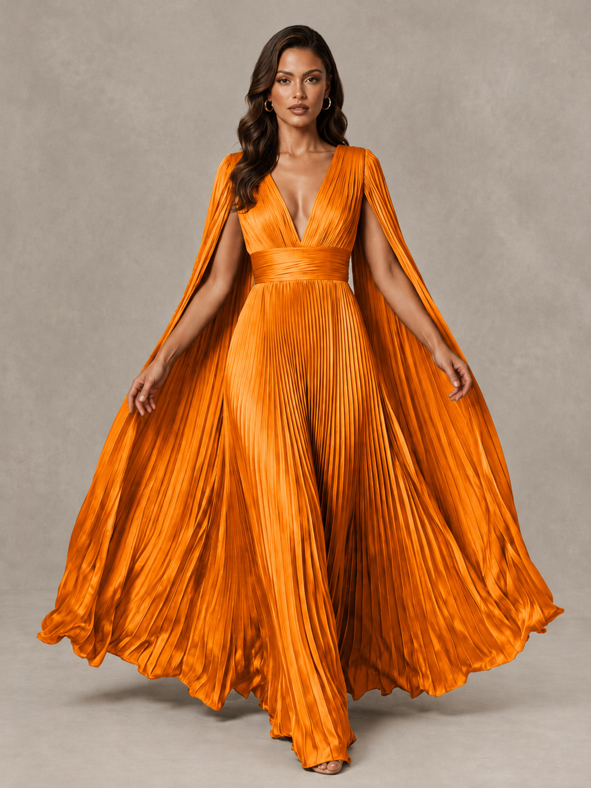 BOLODOO Orange Deep V-Neck Pleated Cape Sleeve Evening Gown - Orange - Orange_3