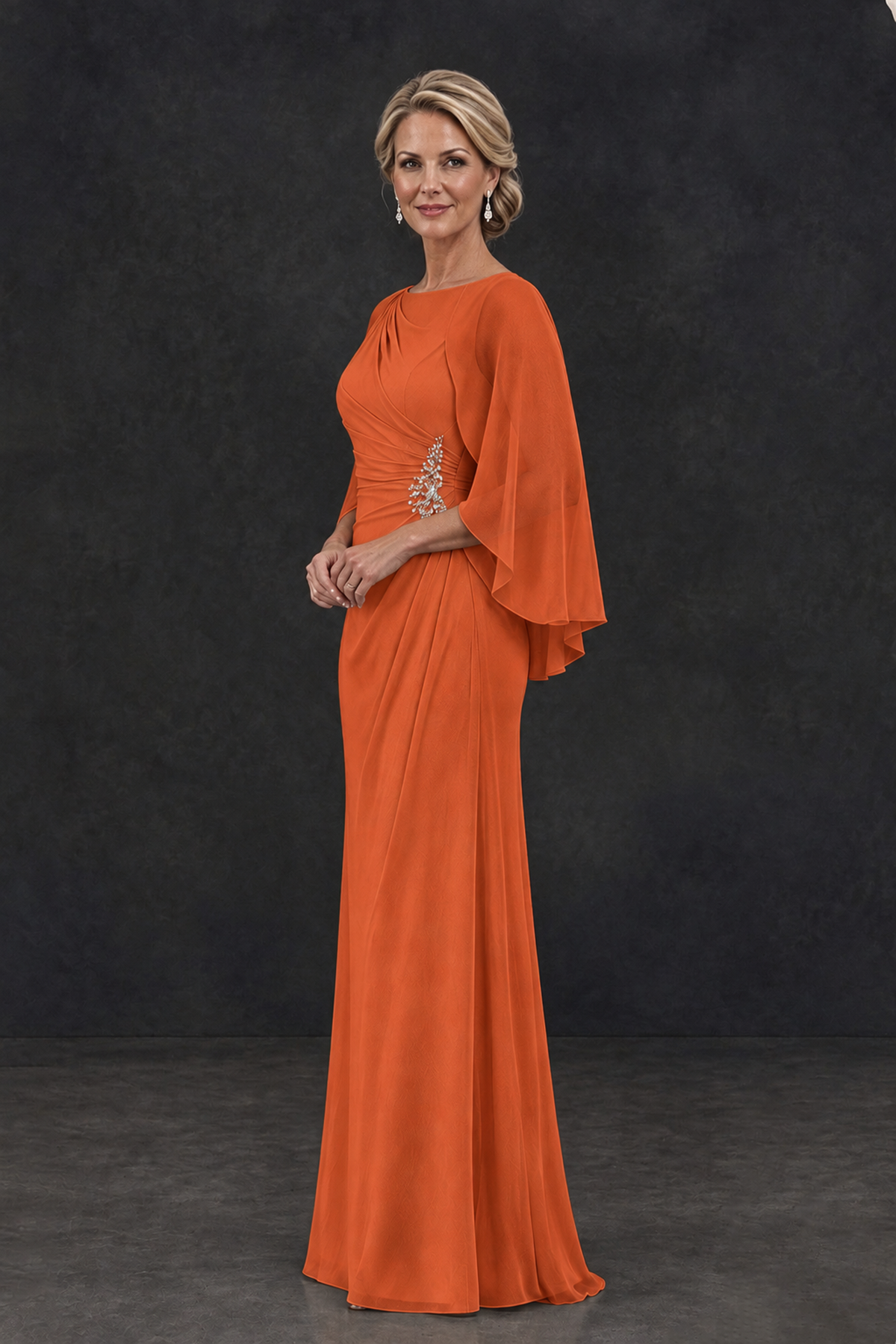 BOLODOO Orange Cape Sleeve Mother of the Bride Dress with Ruched Waist - Orange - Orange_3