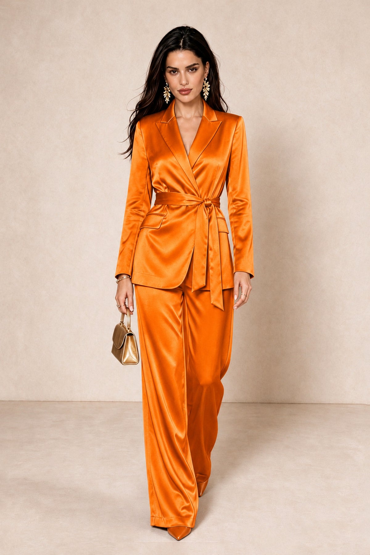 BOLODOO Orange Satin Wrap Blazer Wide-Leg Pants Two-Piece Suit Set – Evening Gala Wedding Guest - Orange - Orange_3