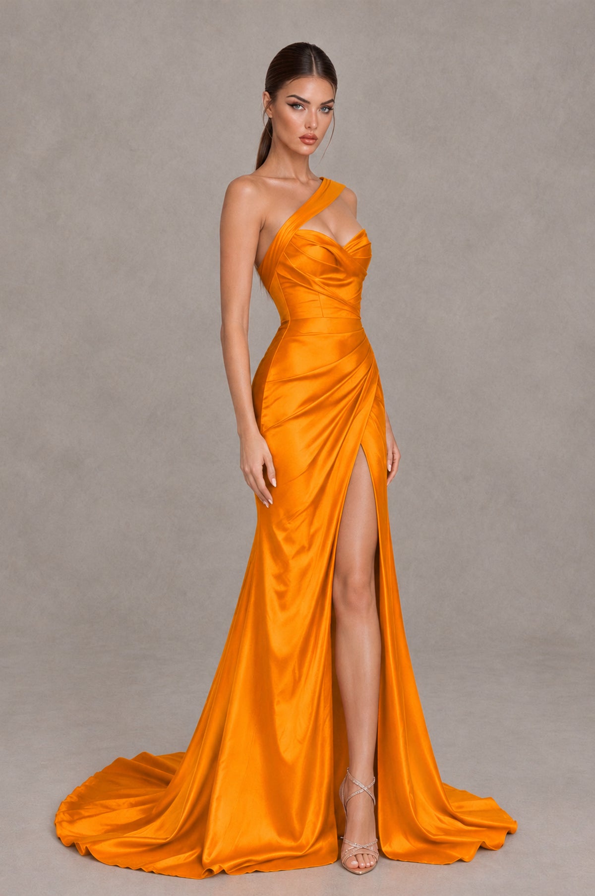 BOLODOO Orange One Shoulder Satin Mermaid Evening Dress with Ruched Slit Skirt - Orange - Orange_3