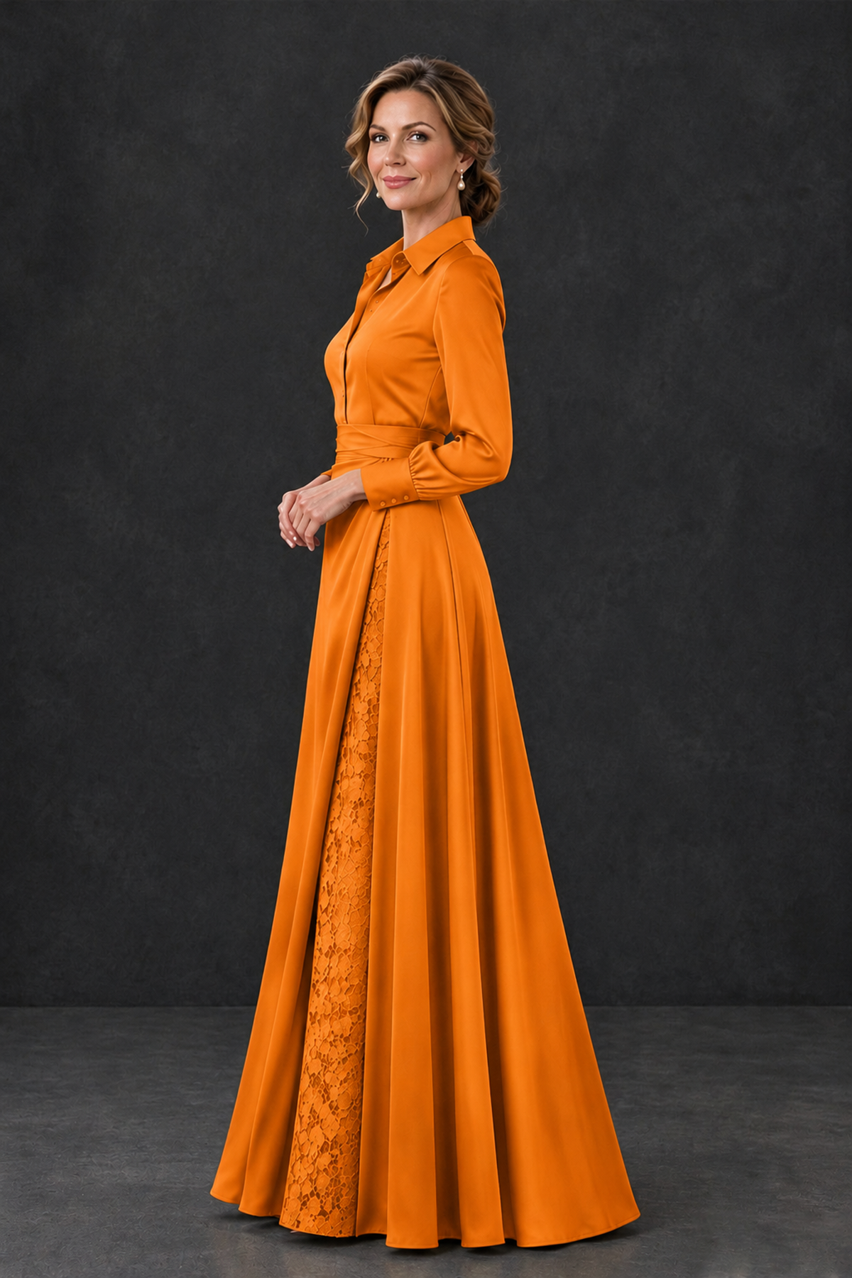 BOLODOO Orange Long Sleeve Satin-Look Lace Panel Gown - Orange - Orange_3