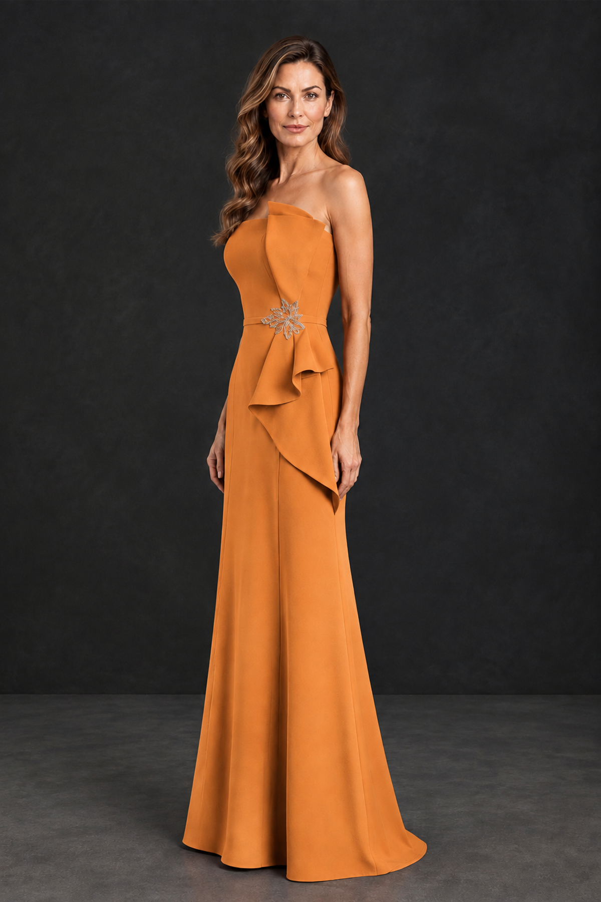 BOLODOO Orange Strapless Mother of the Bride Dress with Ruffle Detail - Orange - Orange_3