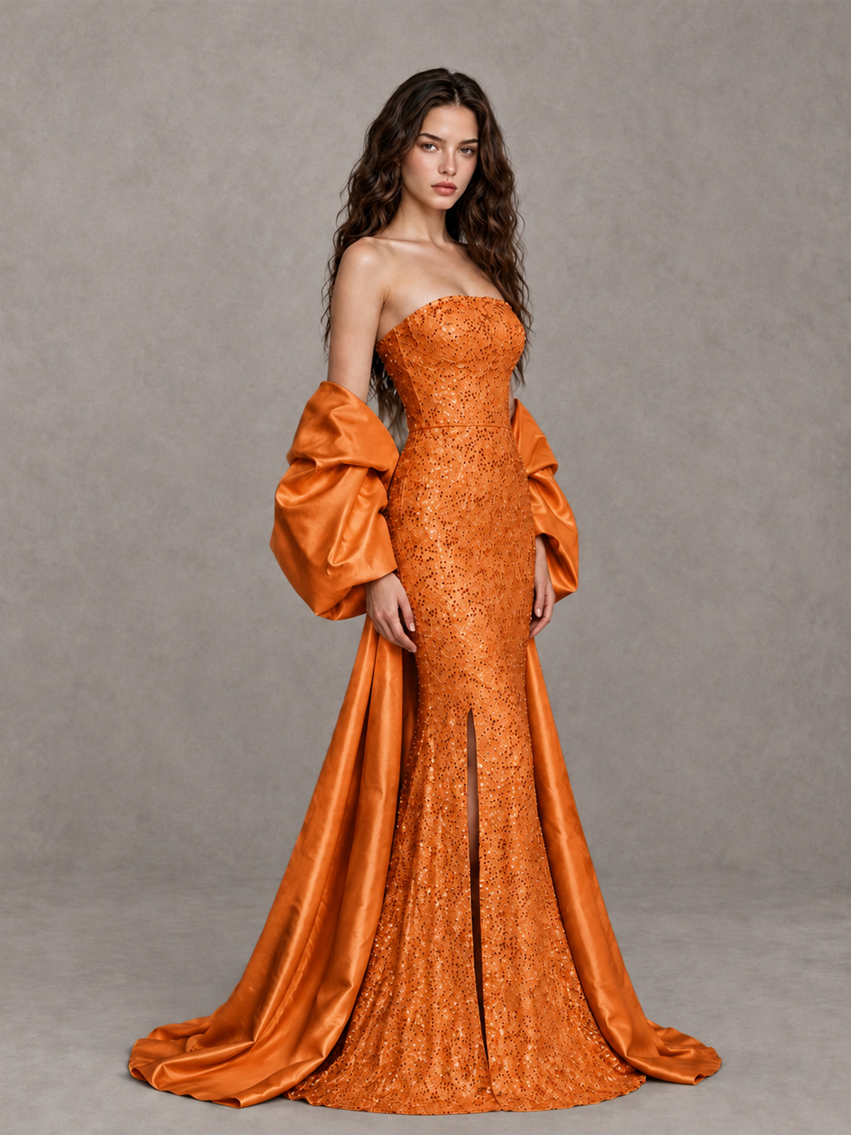 BOLODOO Orange Strapless Sparkle Mermaid Prom Dress with Front Slit and Draped Sleeves - Orange - Orange_3