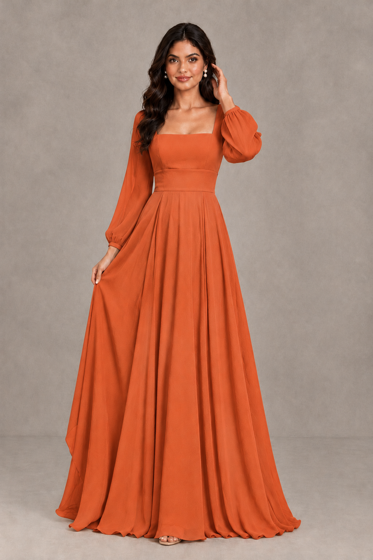 BOLODOO Orange Square Neck Long Sleeve A-Line Bridesmaid Dress - Orange - Orange_3