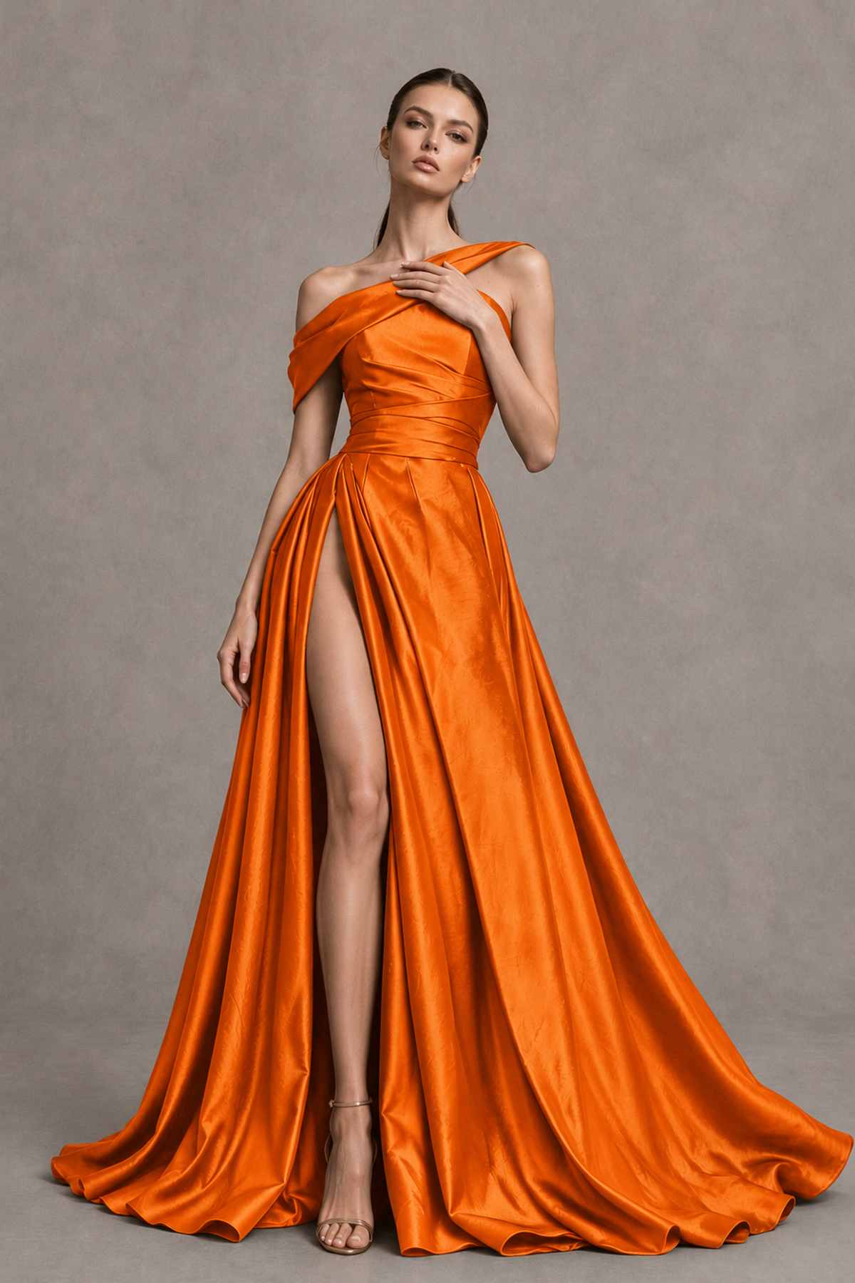 BOLODOO Orange Asymmetric Satin-Look A-Line Prom Dress with High Slit - Orange - Orange_3