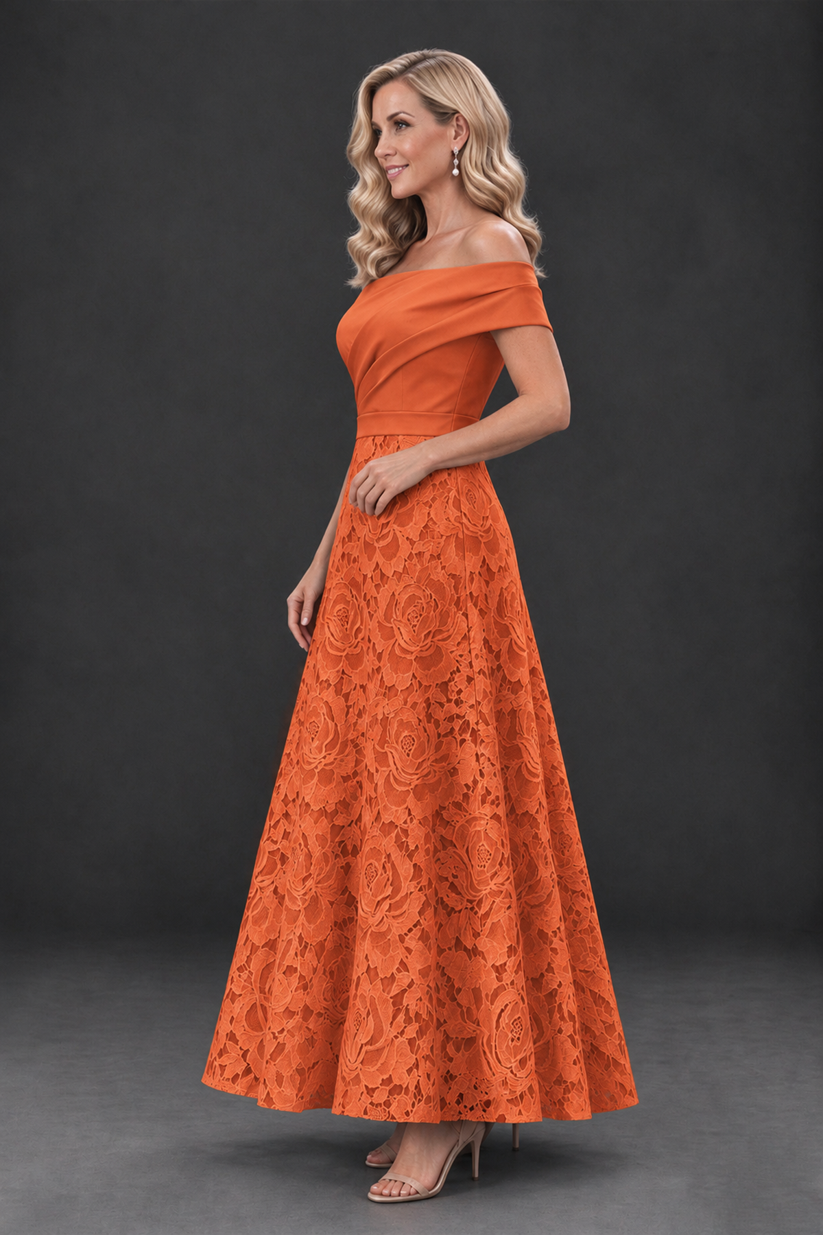 BOLODOO Orange Off-the-Shoulder Floral A-Line Mother of the Bride Dress - Orange - Orange_3