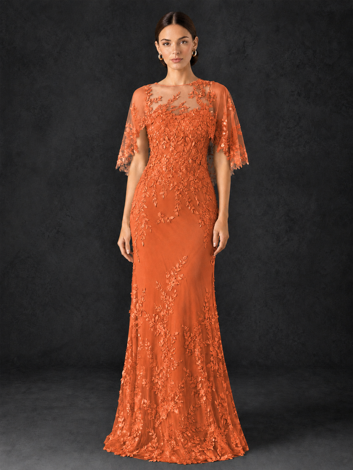 BOLODOO Orange Botanical Lace Flutter Sleeve Mermaid Gown - Orange - Orange_3