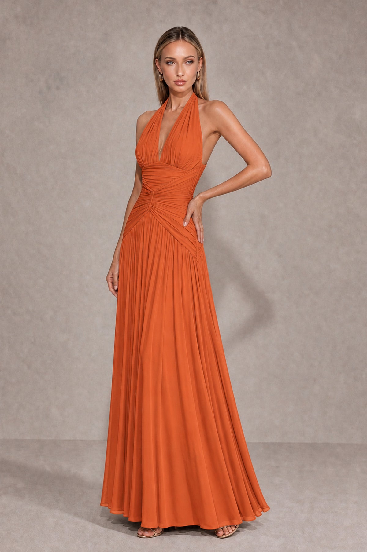 BOLODOO Orange Chiffon Halter Deep V-Neck Ruched A-Line Backless Maxi Dress with Train-BD0167 - Orange - Orange_3