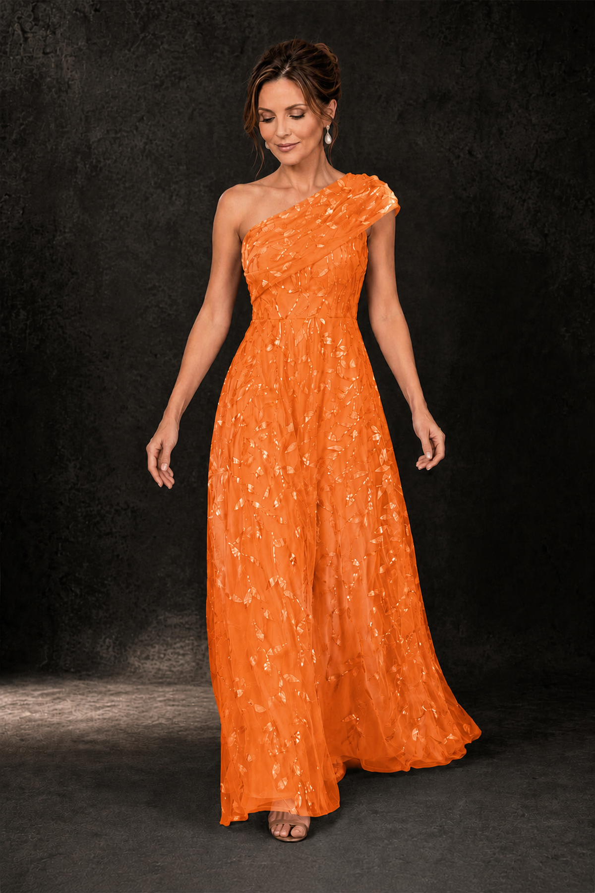 BOLODOO Orange Leaf Sequin One-Shoulder A-Line Maxi Gown – Mother of the Bride & Formal Evening Dress - Orange - Orange_3