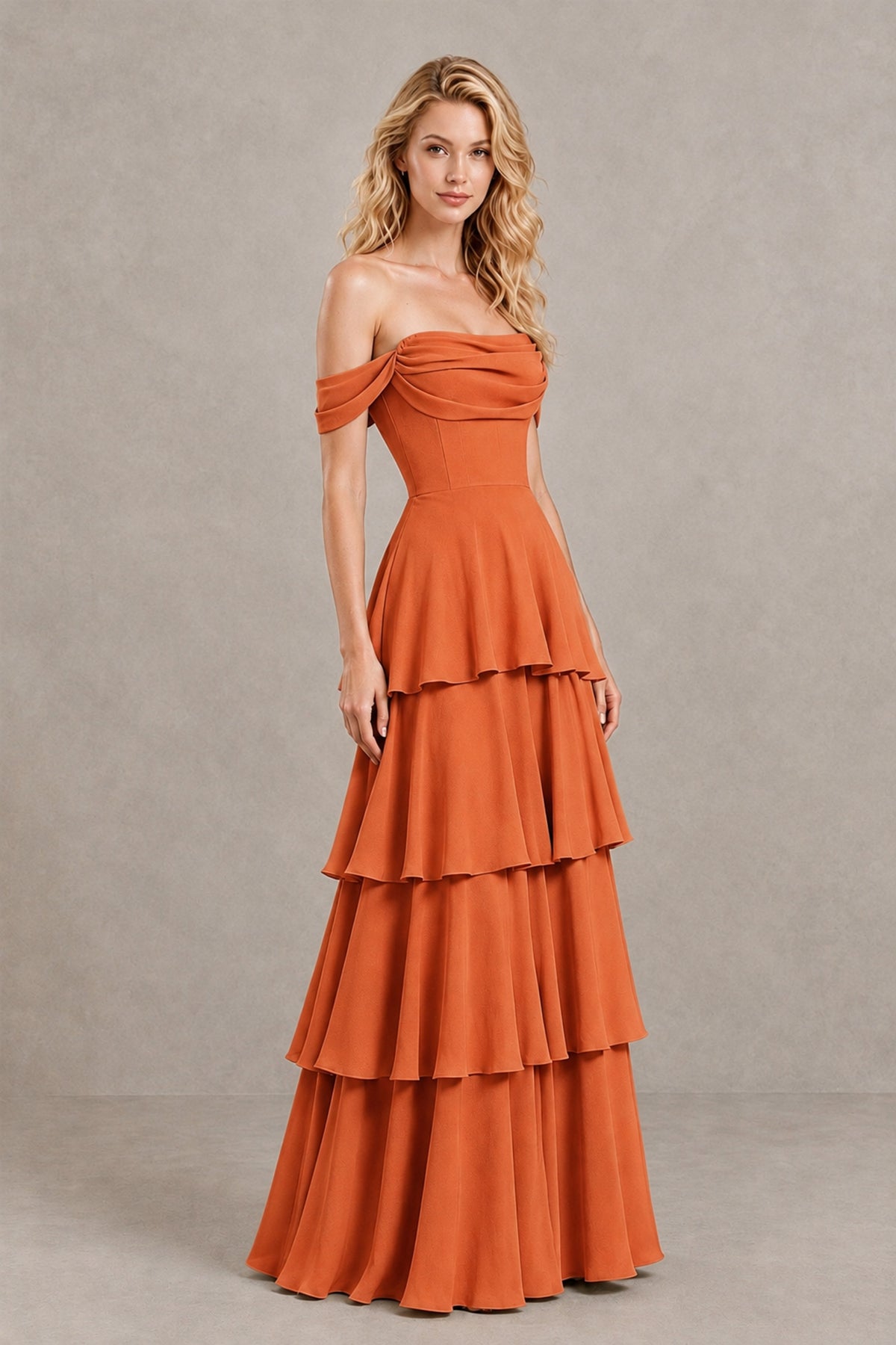 BOLODOO Orange Off-the-Shoulder Tiered A-Line Evening Bridesmaid Dress - Orange - Orange_3