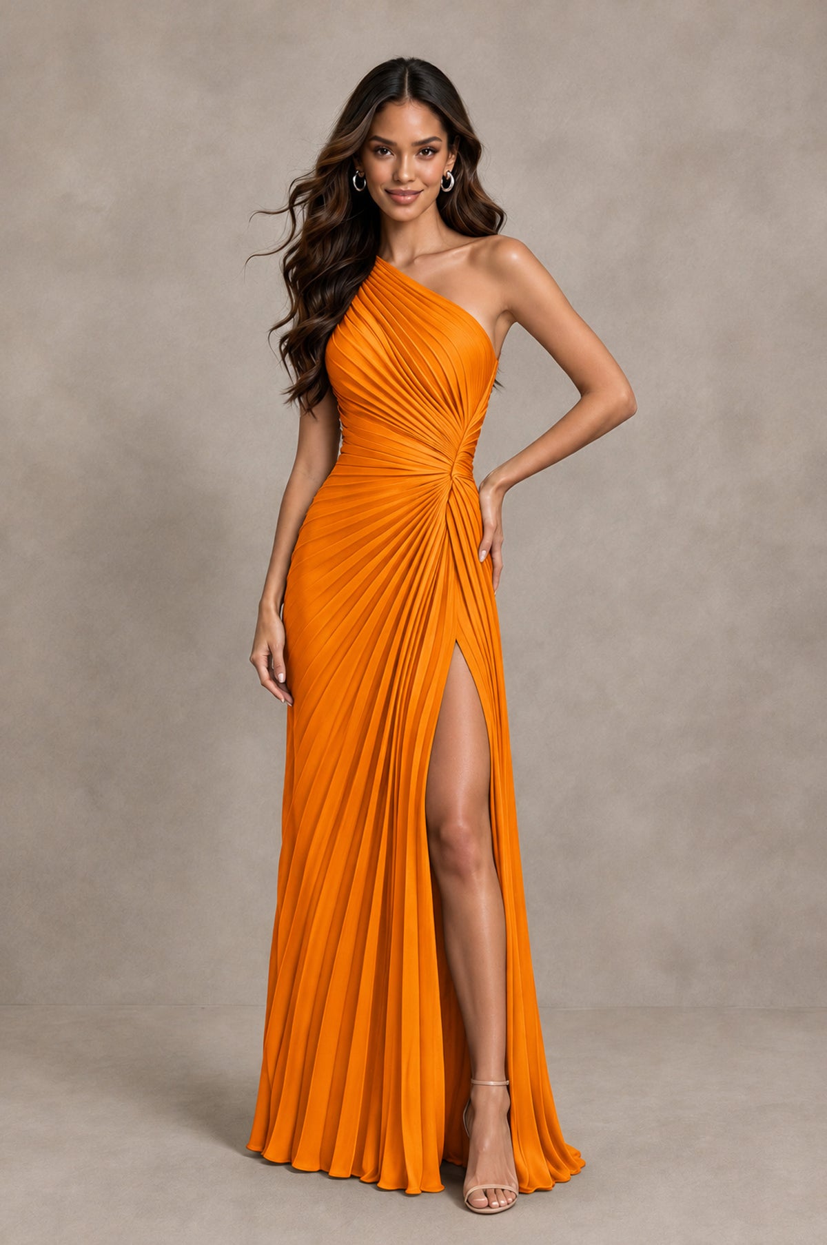 BOLODOO Orange One Shoulder Pleated Evening Dress with Ruched Waist and High Slit - Orange - Orange_3