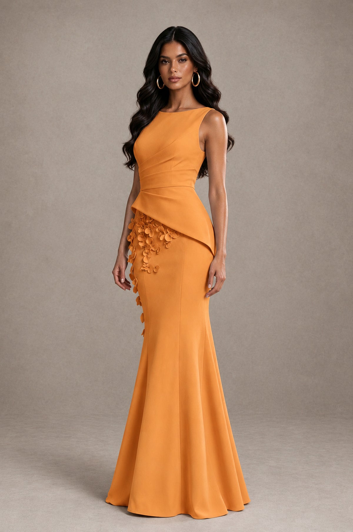 BOLODOO Orange Bateau Neck Sleeveless Asymmetric Peplum 3D Petal Appliqué Mermaid Gown BD0421 - Orange - Orange_3