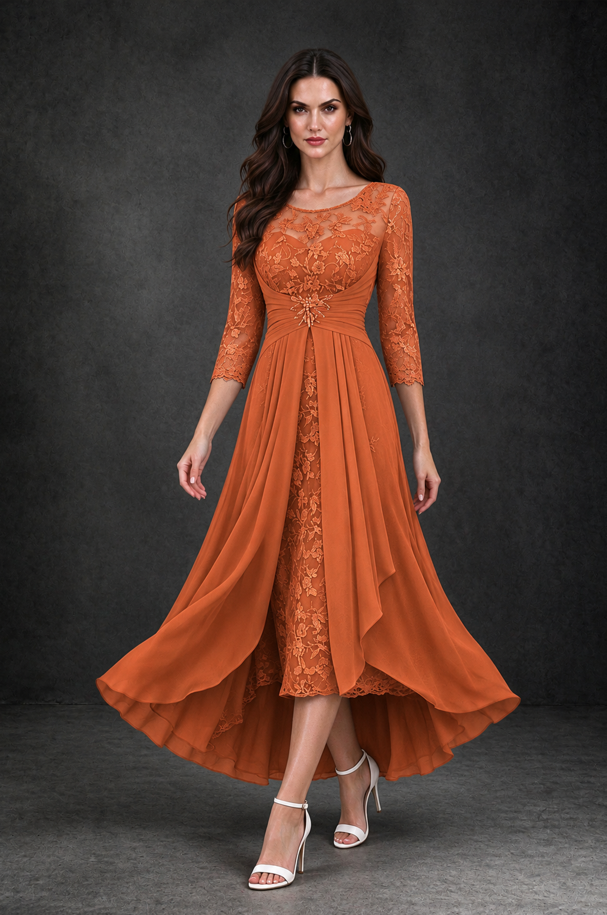 BOLODOO Orange Sequin Lace & Chiffon Tea-Length Mother of the Bride Dress with 3/4 Sleeves - Orange - Orange_3