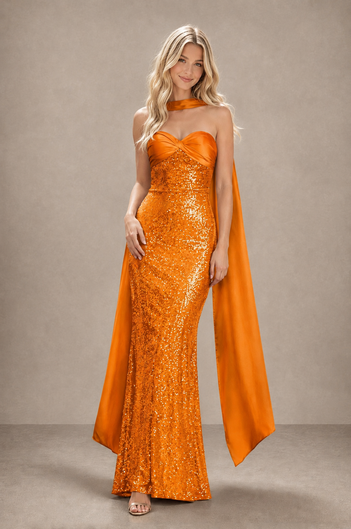 BOLODOO Orange Strapless Sweetheart Evening Dress with Scarf - Orange - Orange_3