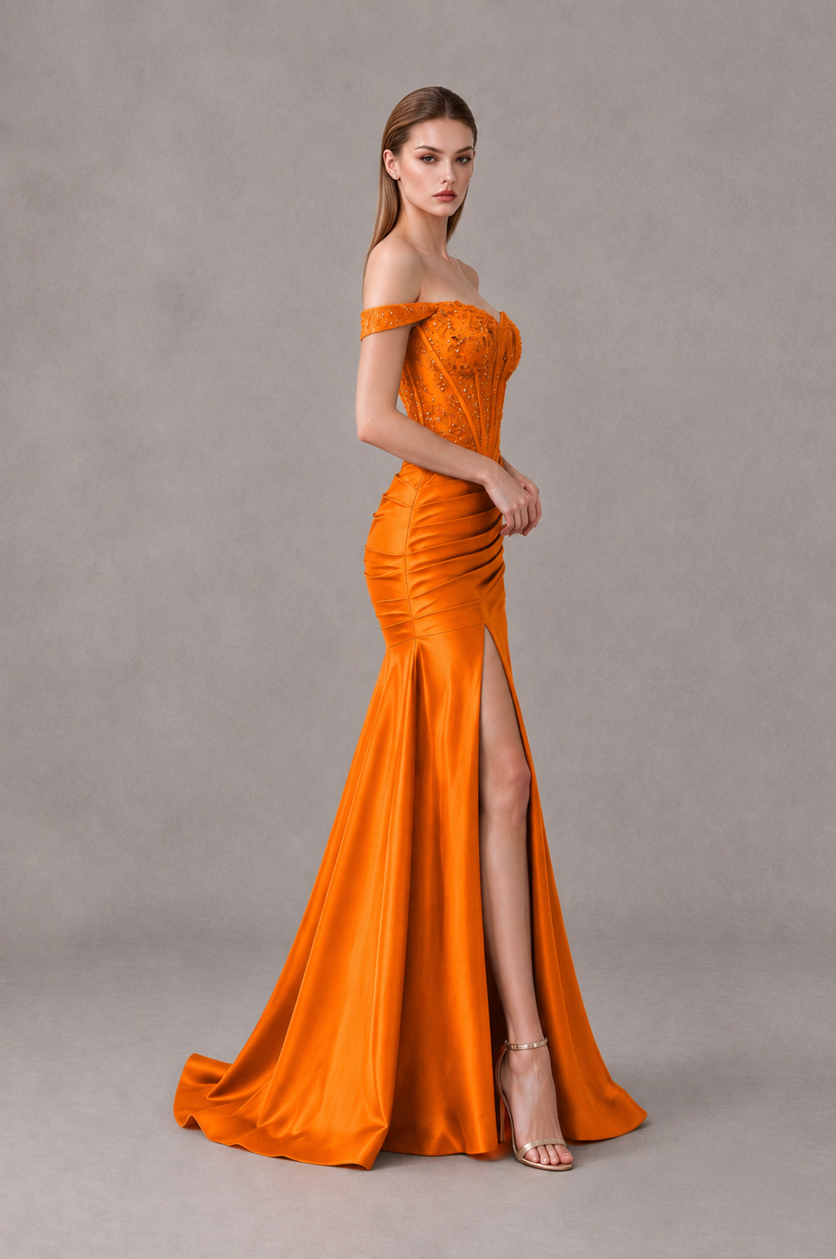 BOLODOO Orange Off-Shoulder Corset Mermaid Prom Dress with Slit Sequin Lace Evening Gown - Orange - Orange_3