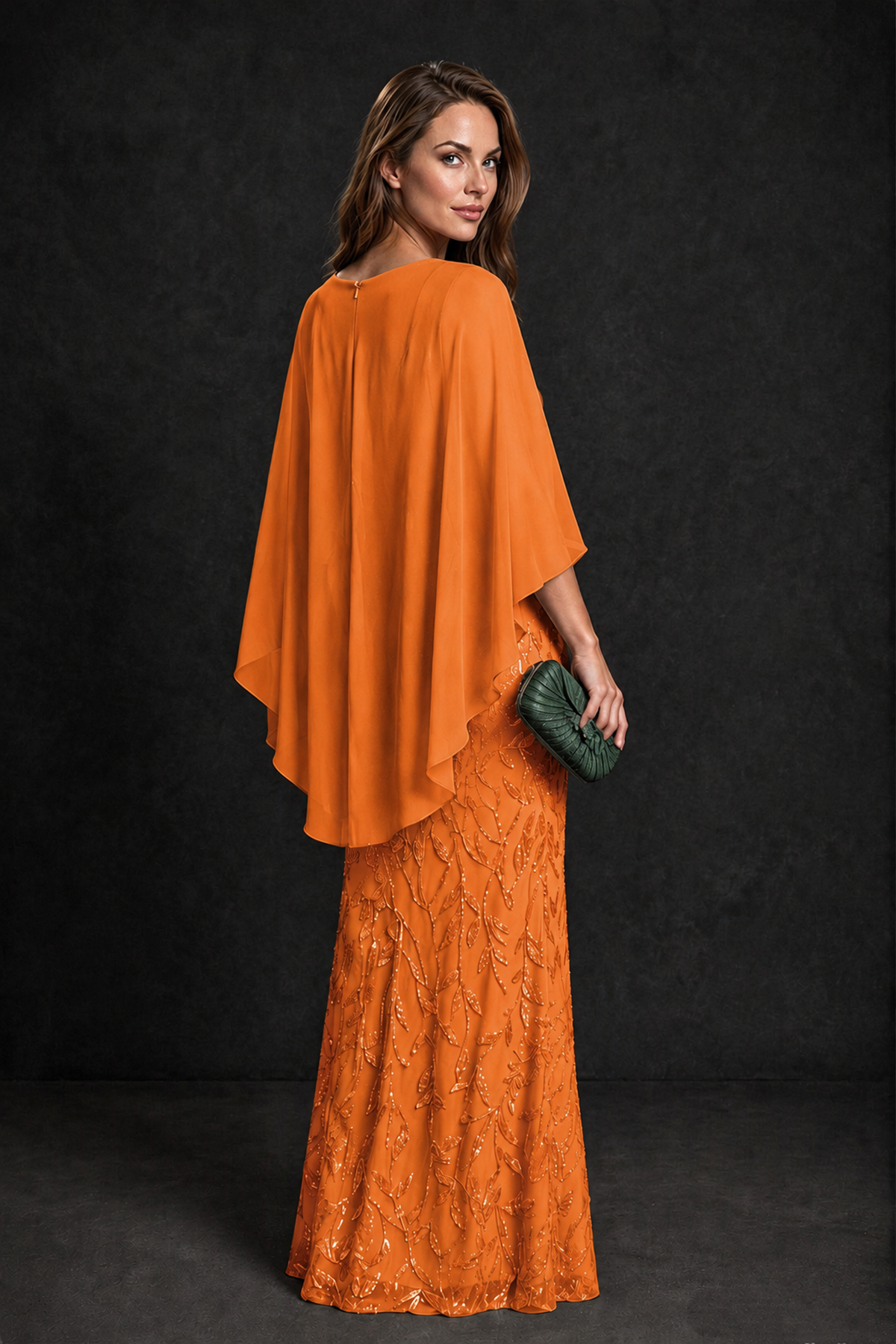 BOLODOO Orange Round Neck Chiffon Cape Overlay Sequin Lace Mermaid Maxi Dress - Orange - Orange_3