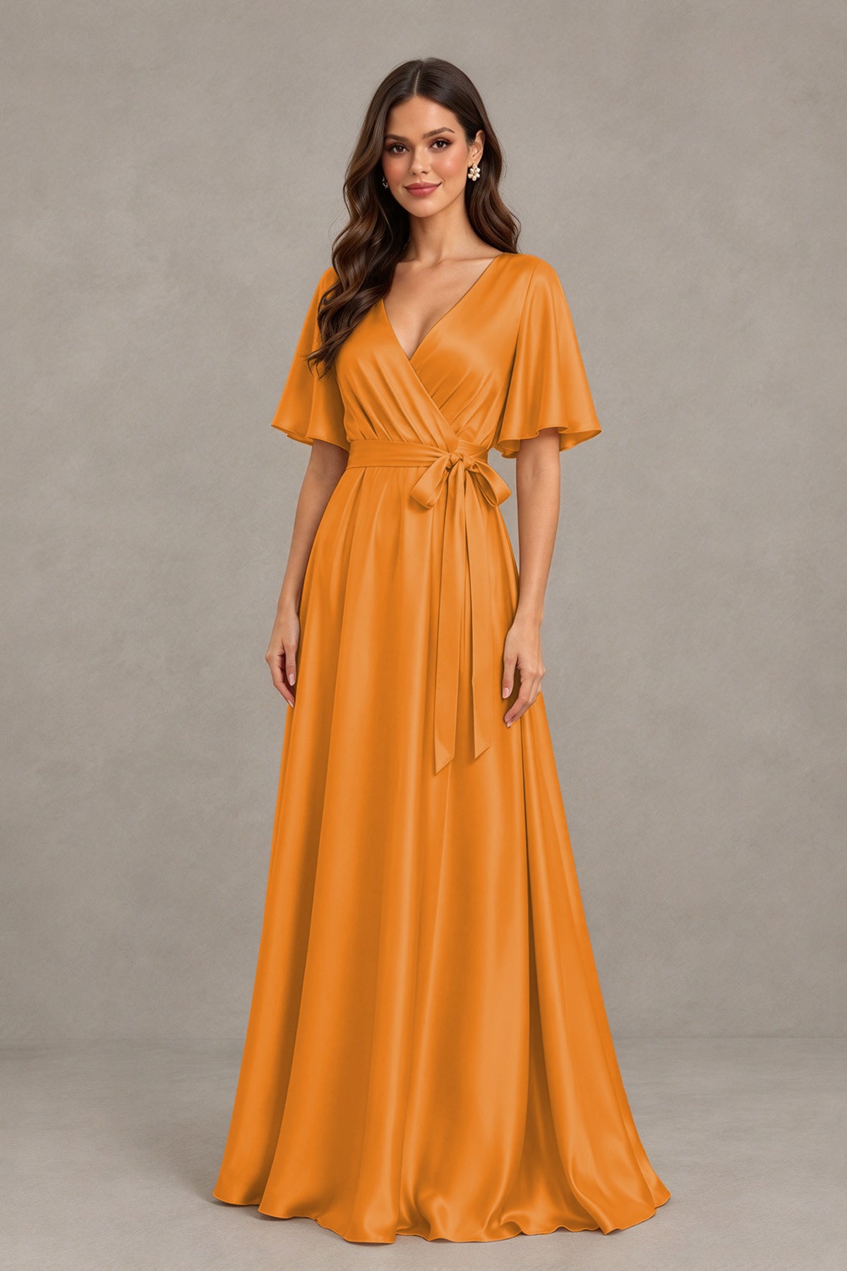 BOLODOO Orange Satin V-Neck Flutter Sleeve Bridesmaid Dress with Slit - Orange - Orange(3)