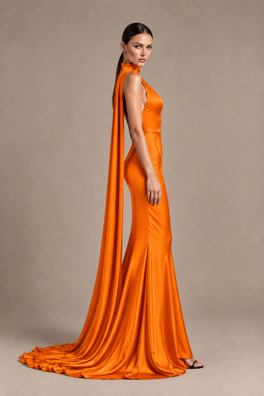 BOLODOO Orange One-Shoulder Satin Mermaid Evening Dress with Scarf - Orange - Orange_3