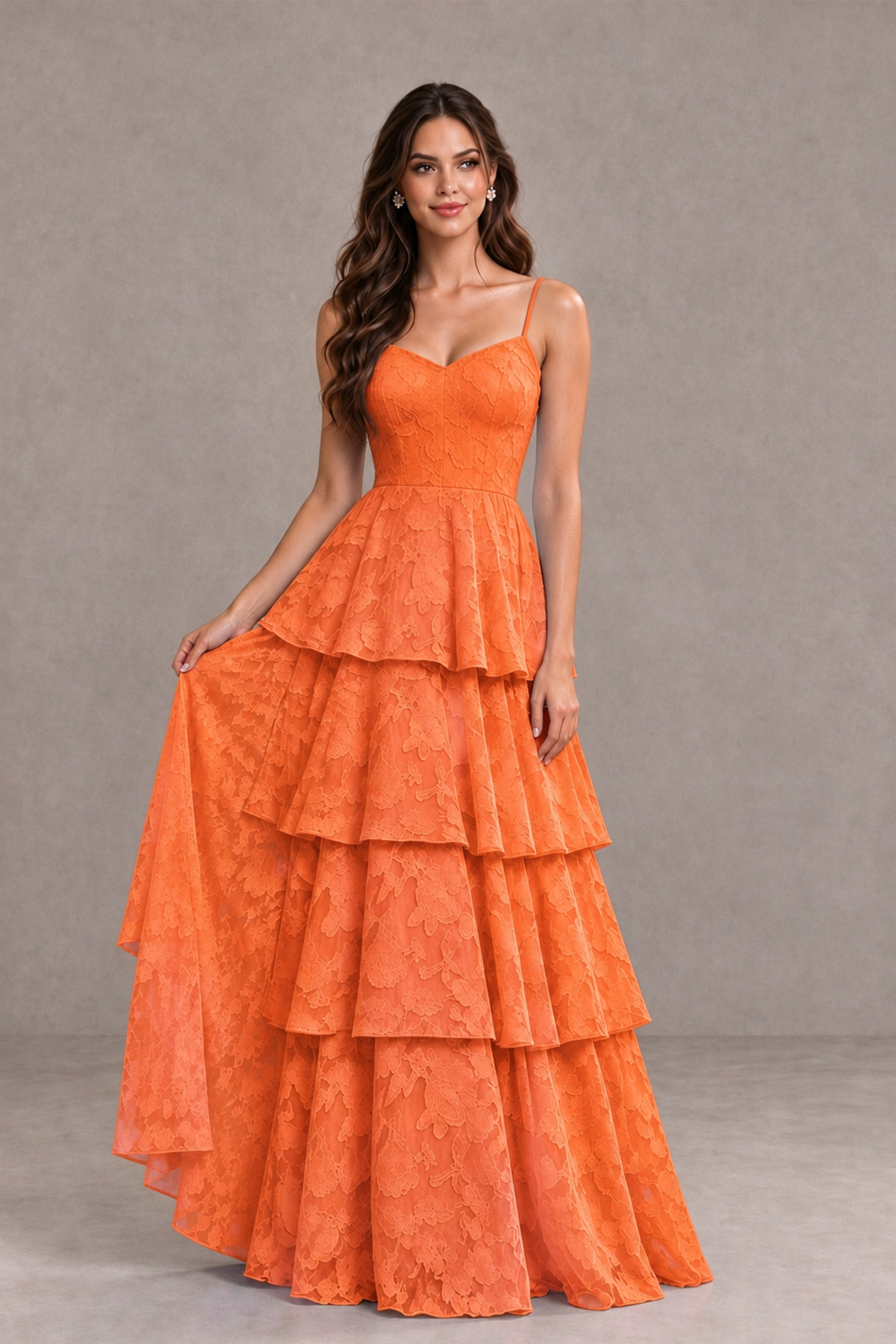 BOLODOO Orange Tiered Floral-Textured Spaghetti Strap Maxi Dress - Orange - Orange_3