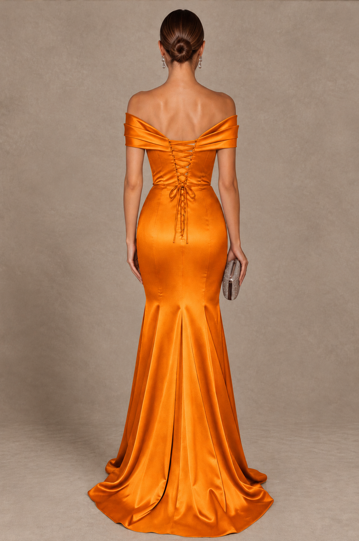 BOLODOO Orange Off-the-Shoulder Ruched Satin Mermaid Evening Dress - Orange - Orange_3