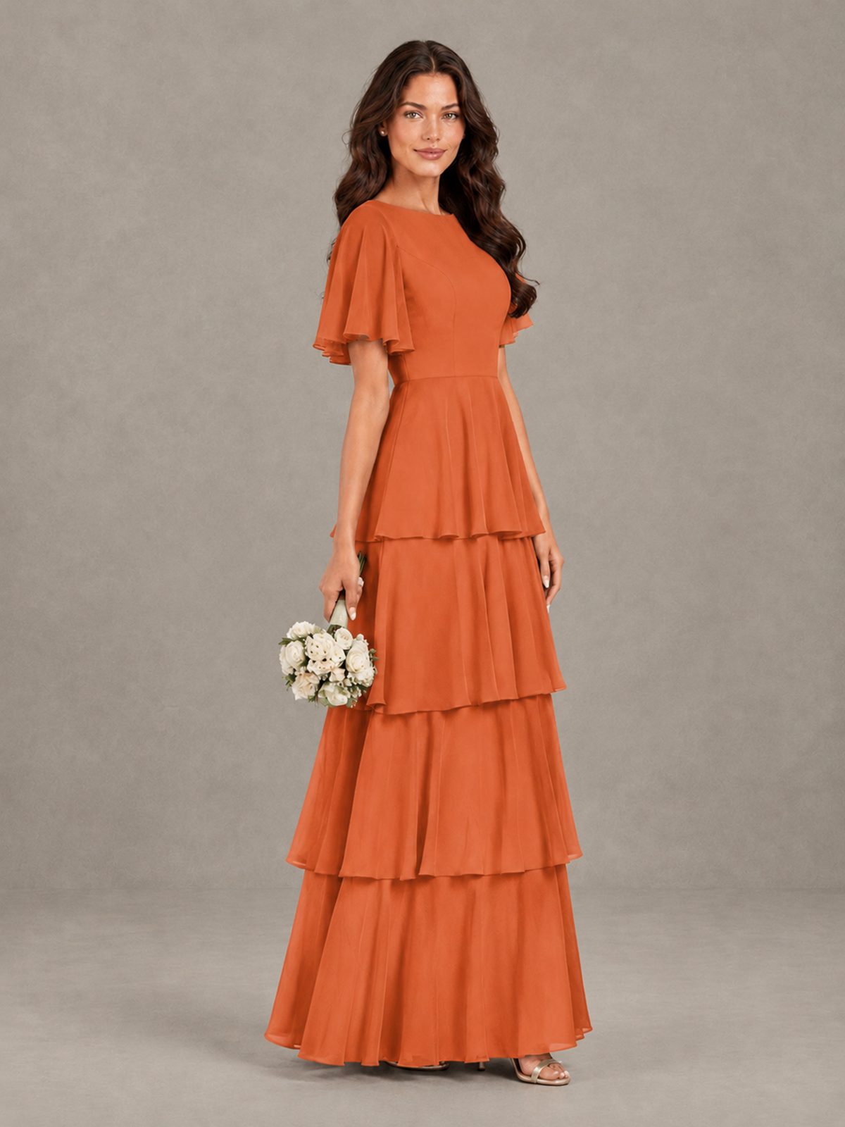 BOLODOO Orange Tiered Flutter Sleeve Bridesmaid Dress - Orange - Orange_3