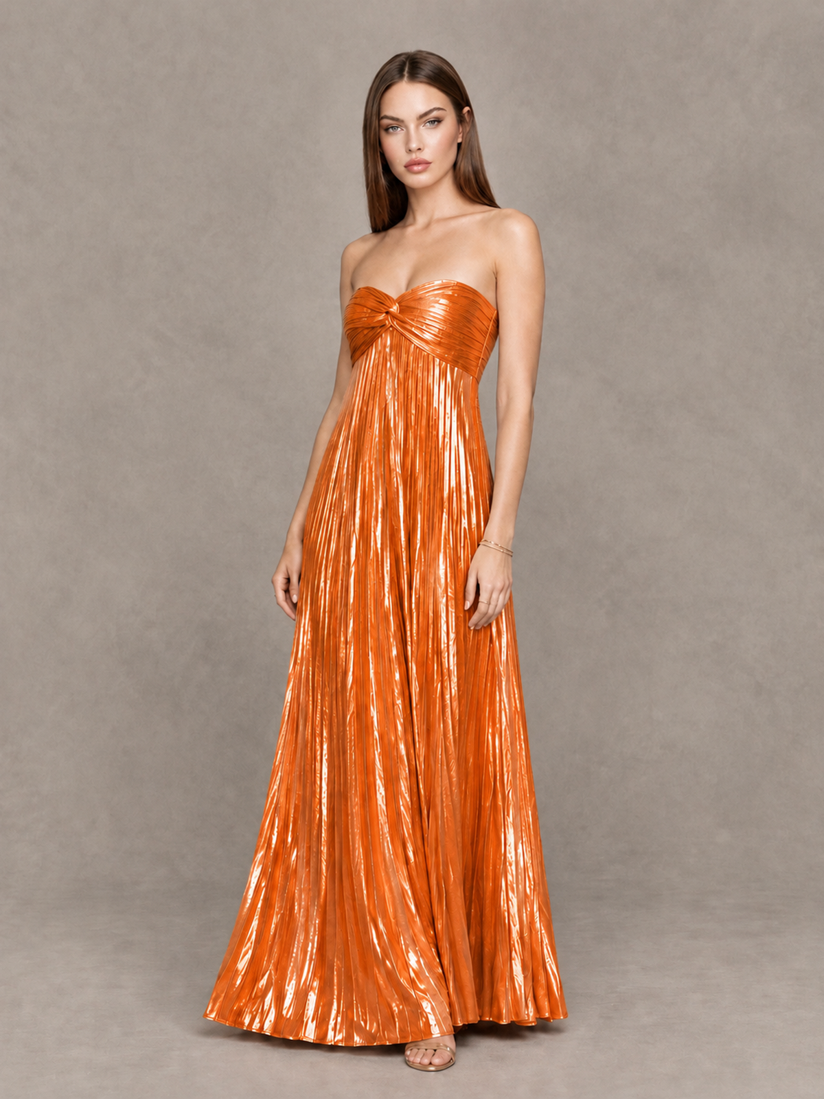 BOLODOO Orange Strapless Sweetheart Metallic Pleated Maxi Dress - Orange - Orange_3