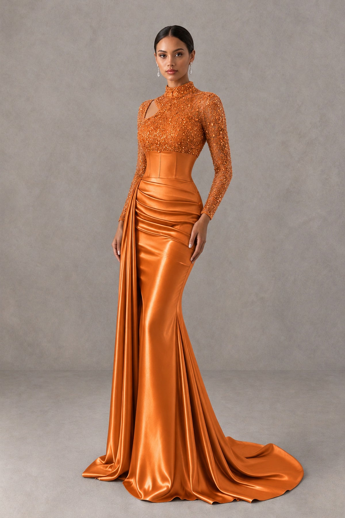 BOLODOO Orange Long Sleeve Embellished Satin Mermaid Evening Gown - Orange - Orange_3