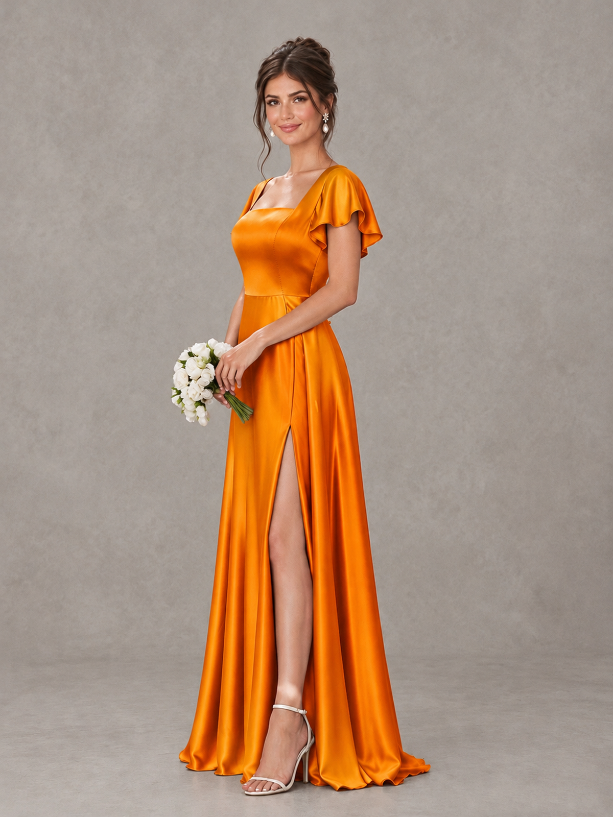 BOLODOO Orange Satin Square Neck Flutter Sleeve A-Line Bridesmaid Dress with Slit - Orange - Orange_3