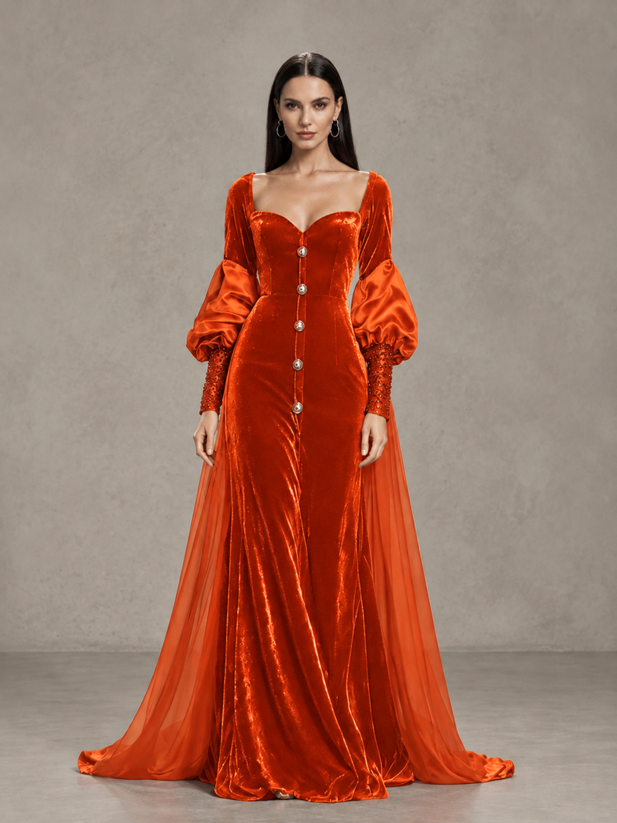 BOLODOO Orange Velvet Long Sleeve Open-Back Evening Gown - Orange - Orange_3